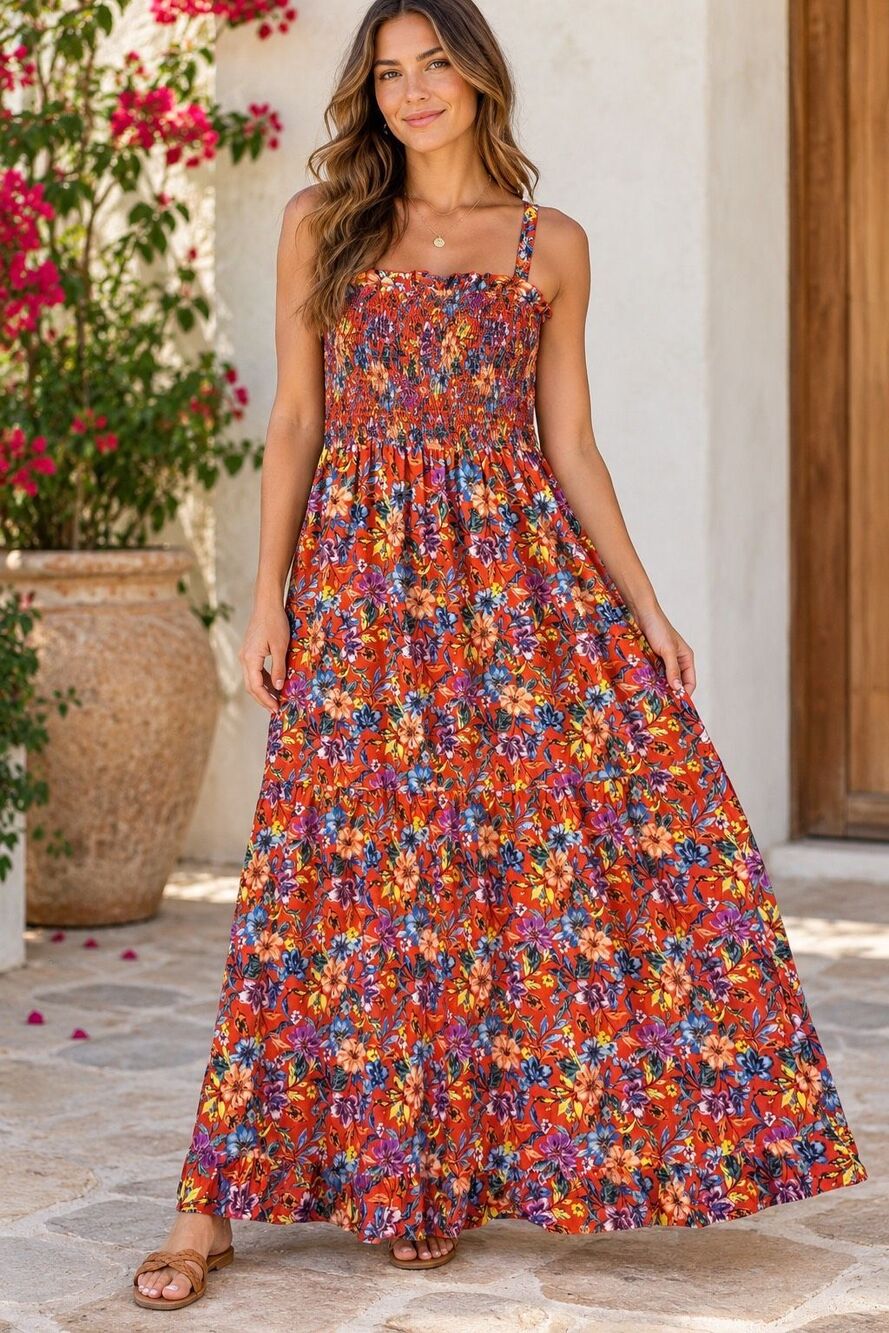 B.O.G Collective XL Floral Smocked Maxi Dress Red Orange Ruffle Boho Sundress